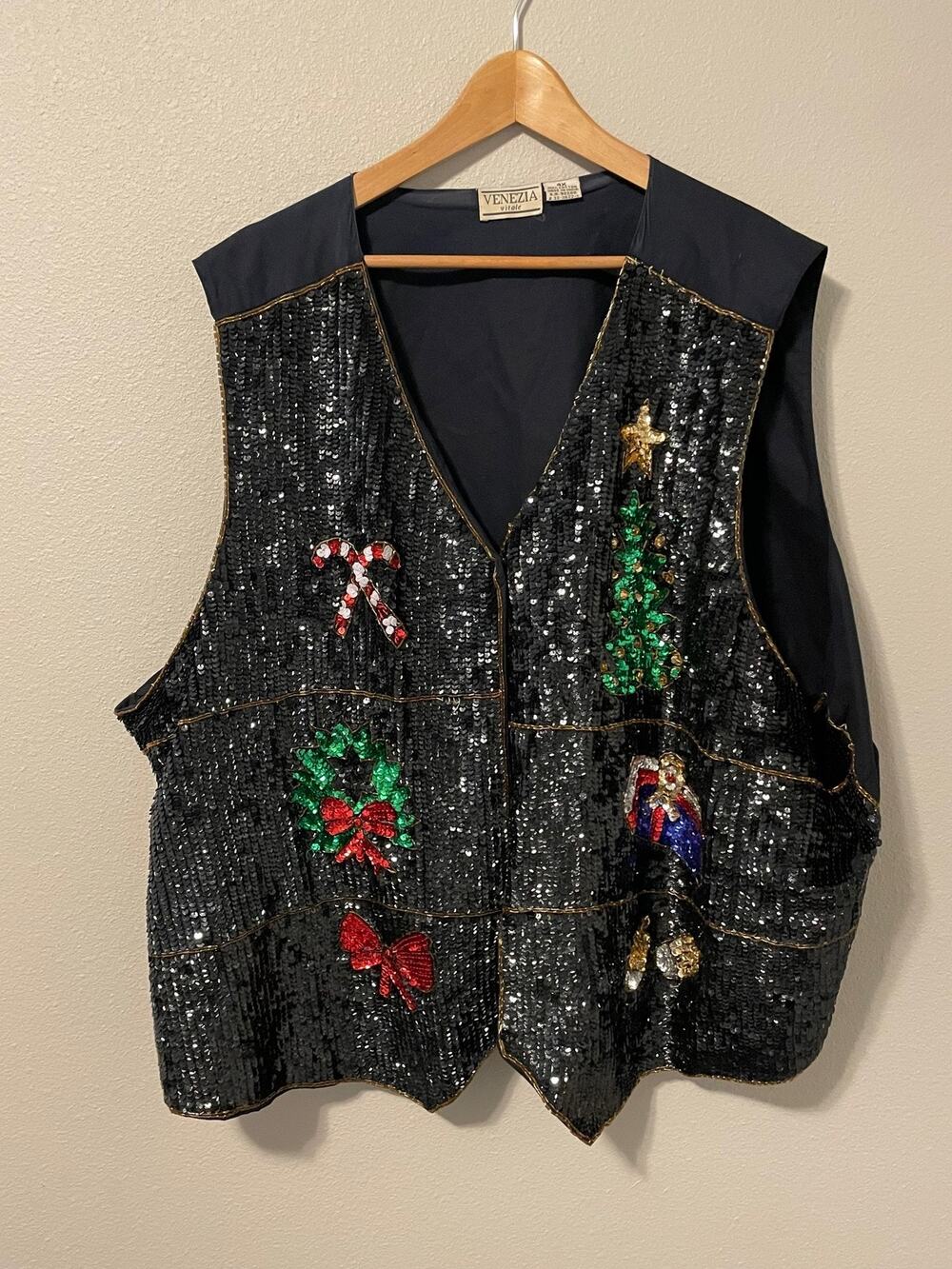 Vintage Venezia Vest Womens 4X Black Sequin Beaded Christmas Holiday 90s FLAW